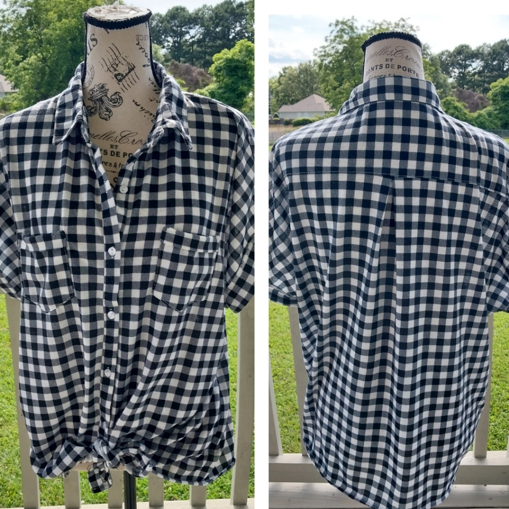 EDEN & OLIVIA Black / White GINGHAM TIE FRONT BUTTON DOWN TOP/XL